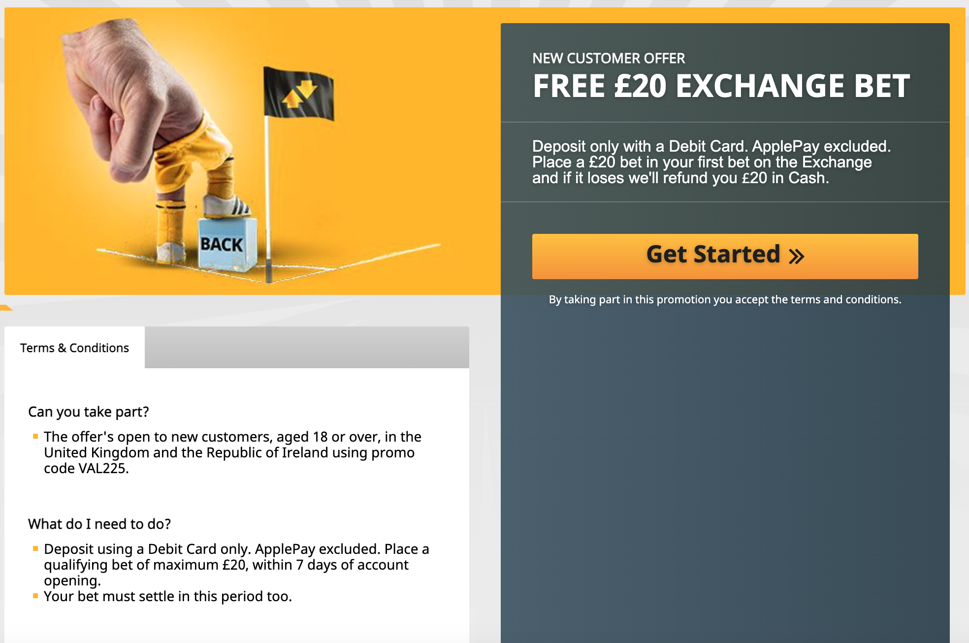 Betfair's exchange welcome offer - free £20 exchange bet if your first bet loses